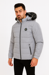 Men’s Ash Gray Fur Hood Puffer Jacket